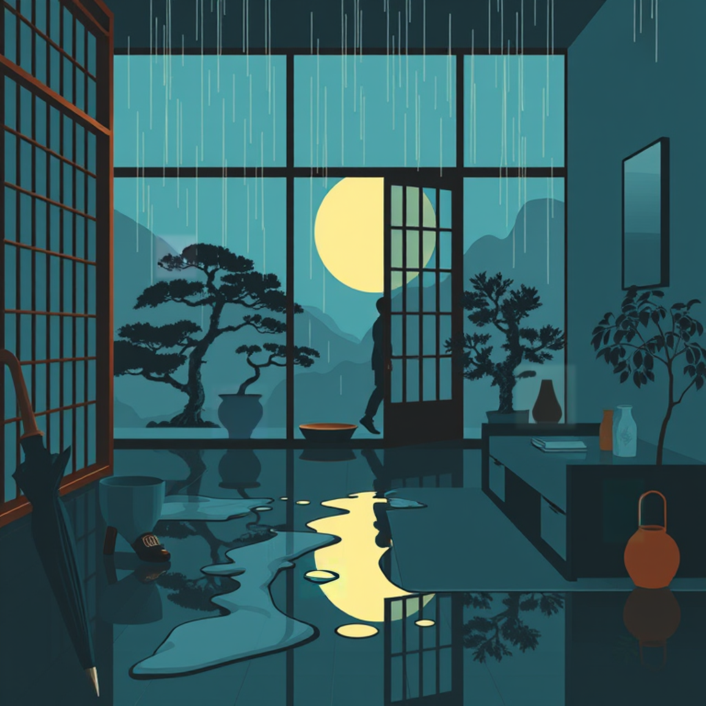 Image B of the puzzle: contemporary japanese minimalist living room with shoji screens and bonsai