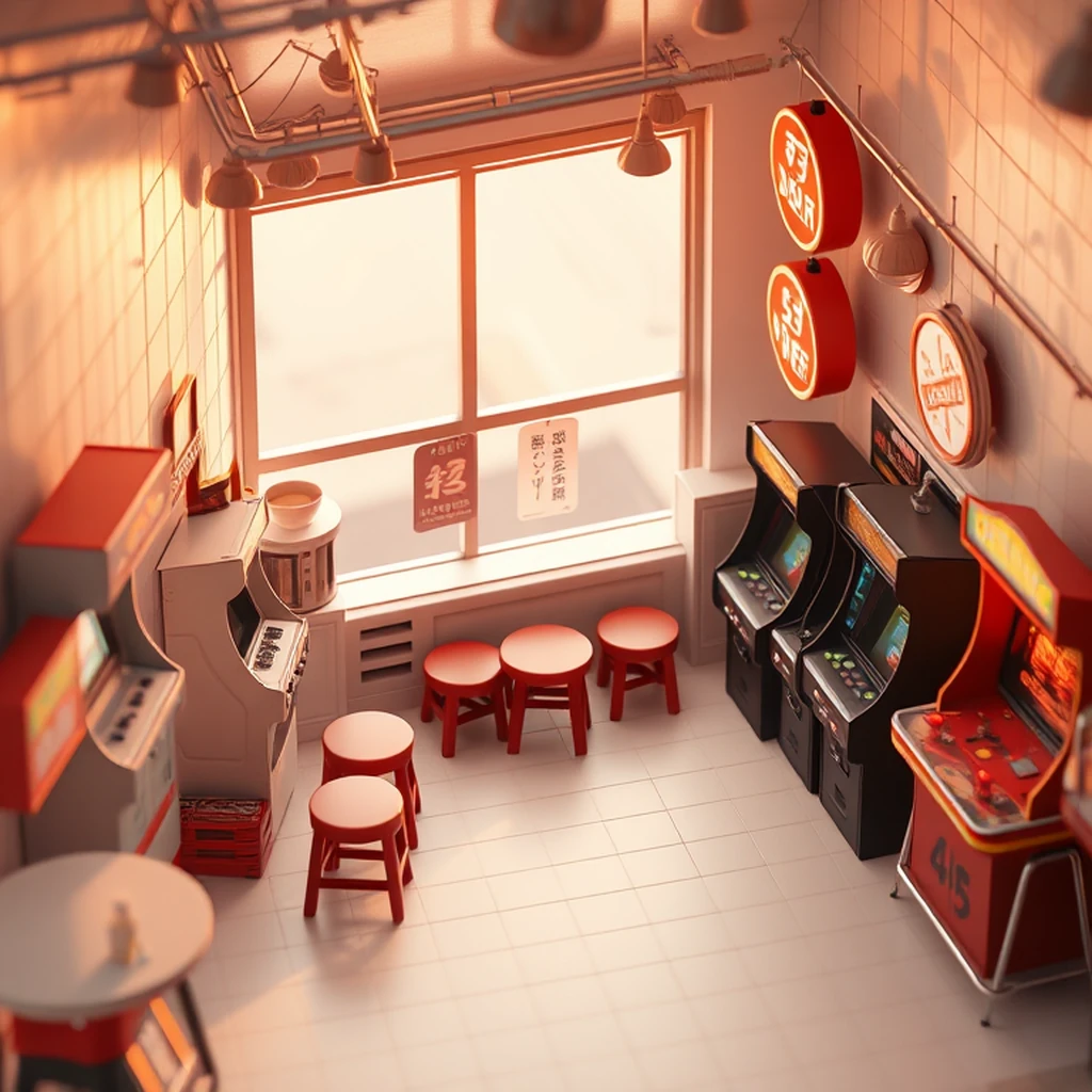 Image A of the puzzle: contemporary tokyo ramen-ya at night with vintage arcade games and neon signs