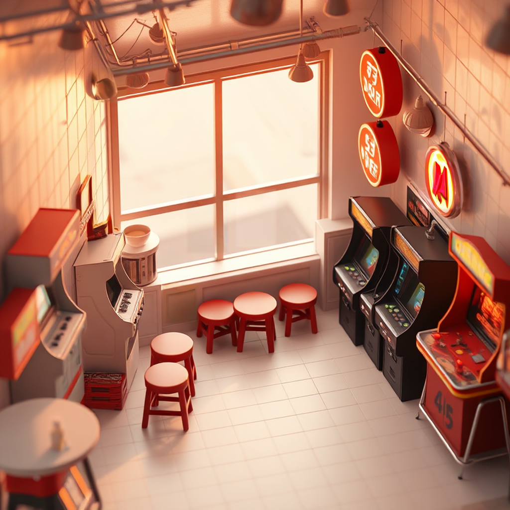 Image B of the puzzle: contemporary tokyo ramen-ya at night with vintage arcade games and neon signs