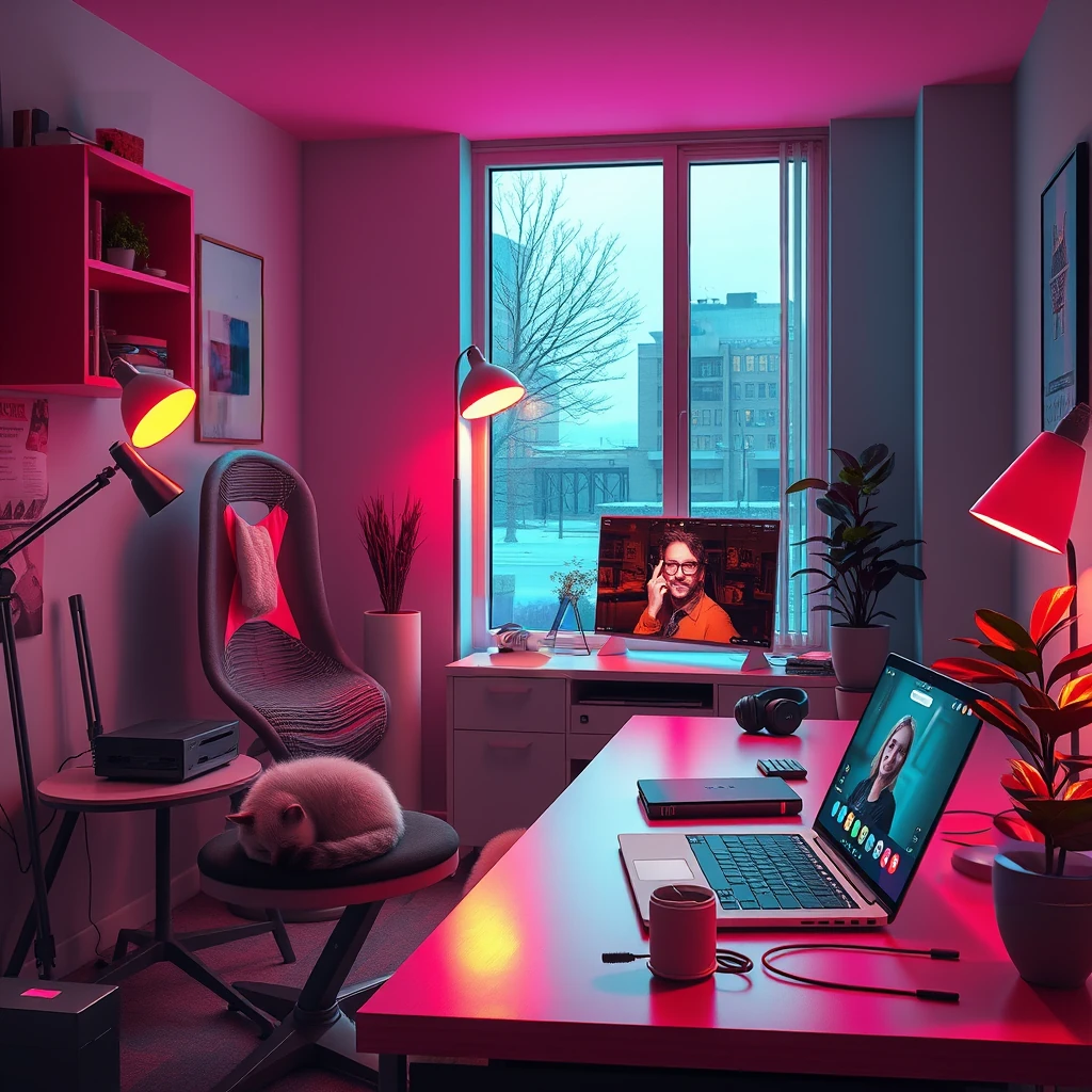 Image B of the puzzle: contemporary urban home office with smart technology and holographic displays
