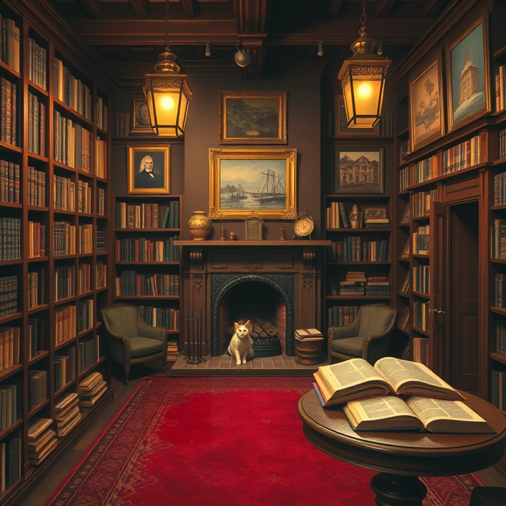 Image A of the puzzle: Cozy antique bookshop with a cat by the fireplace