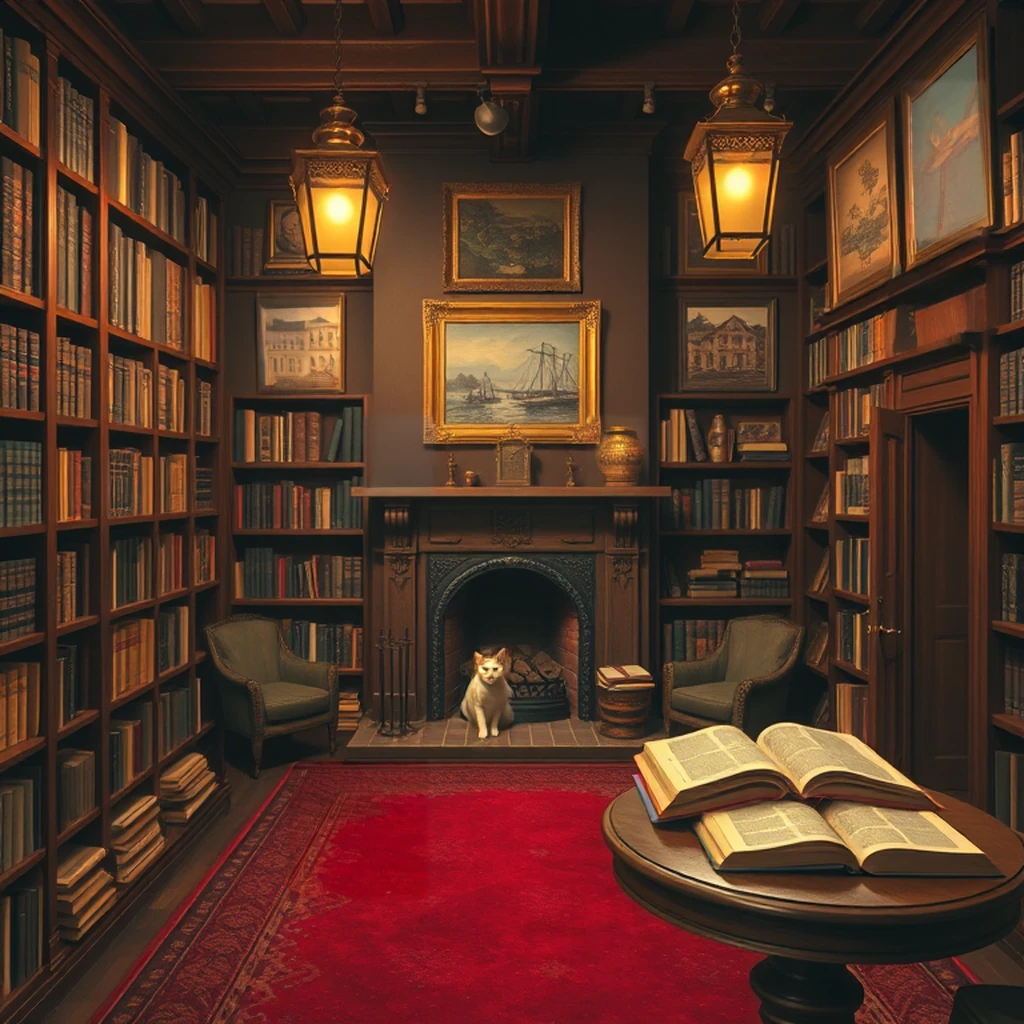 Image B of the puzzle: Cozy antique bookshop with a cat by the fireplace