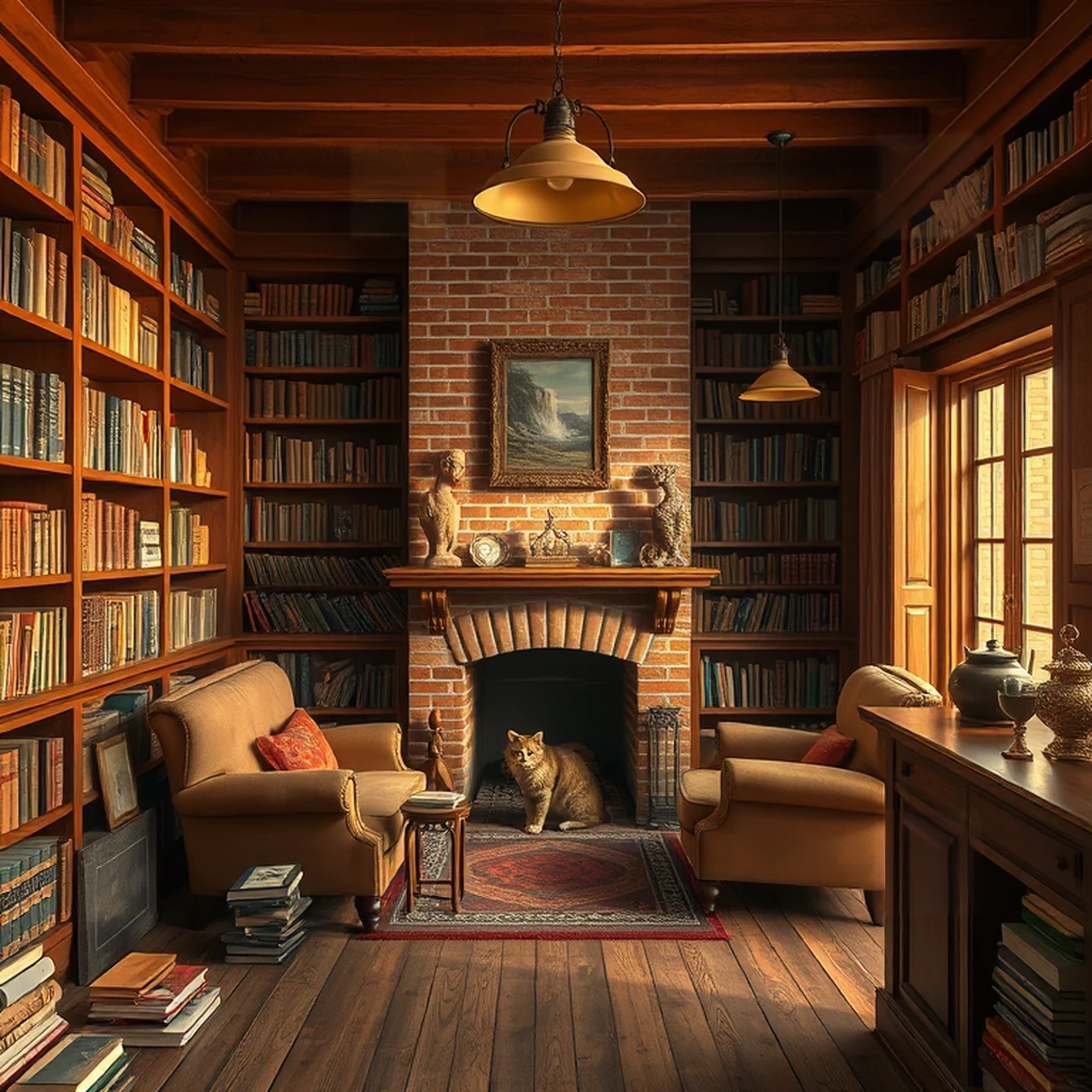 Image A of the puzzle: Cozy antique bookshop with a cat by the fireplace