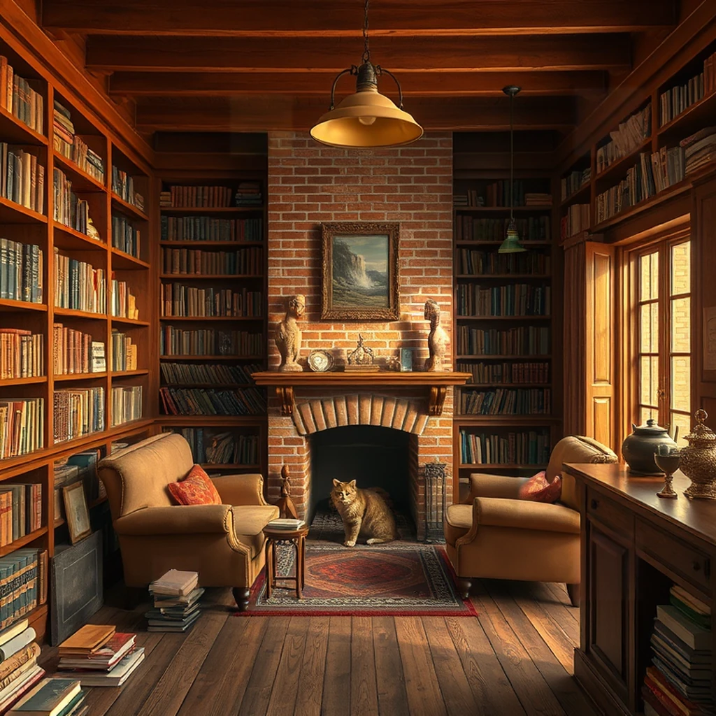 Image B of the puzzle: Cozy antique bookshop with a cat by the fireplace