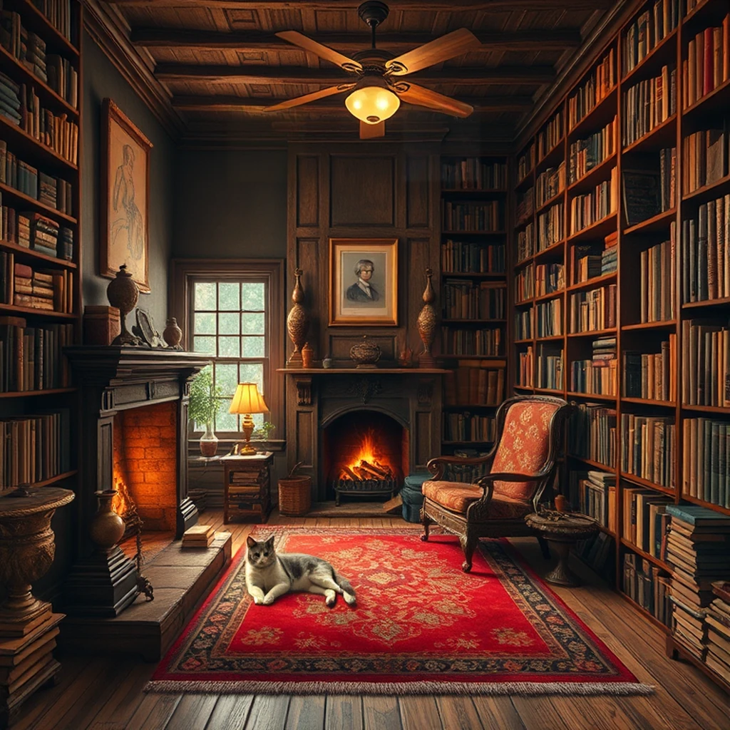 Image A of the puzzle: Cozy antique bookshop with a cat by the fireplace