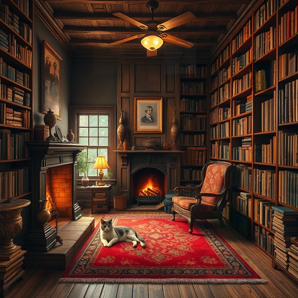 Image B of the puzzle: Cozy antique bookshop with a cat by the fireplace