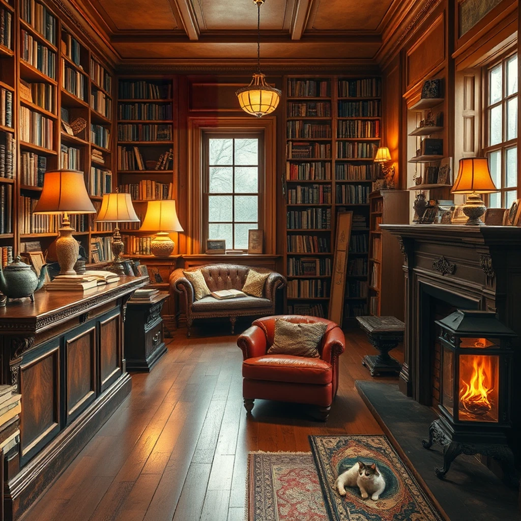 Image A of the puzzle: Cozy antique bookshop with a cat sleeping by the fireplace