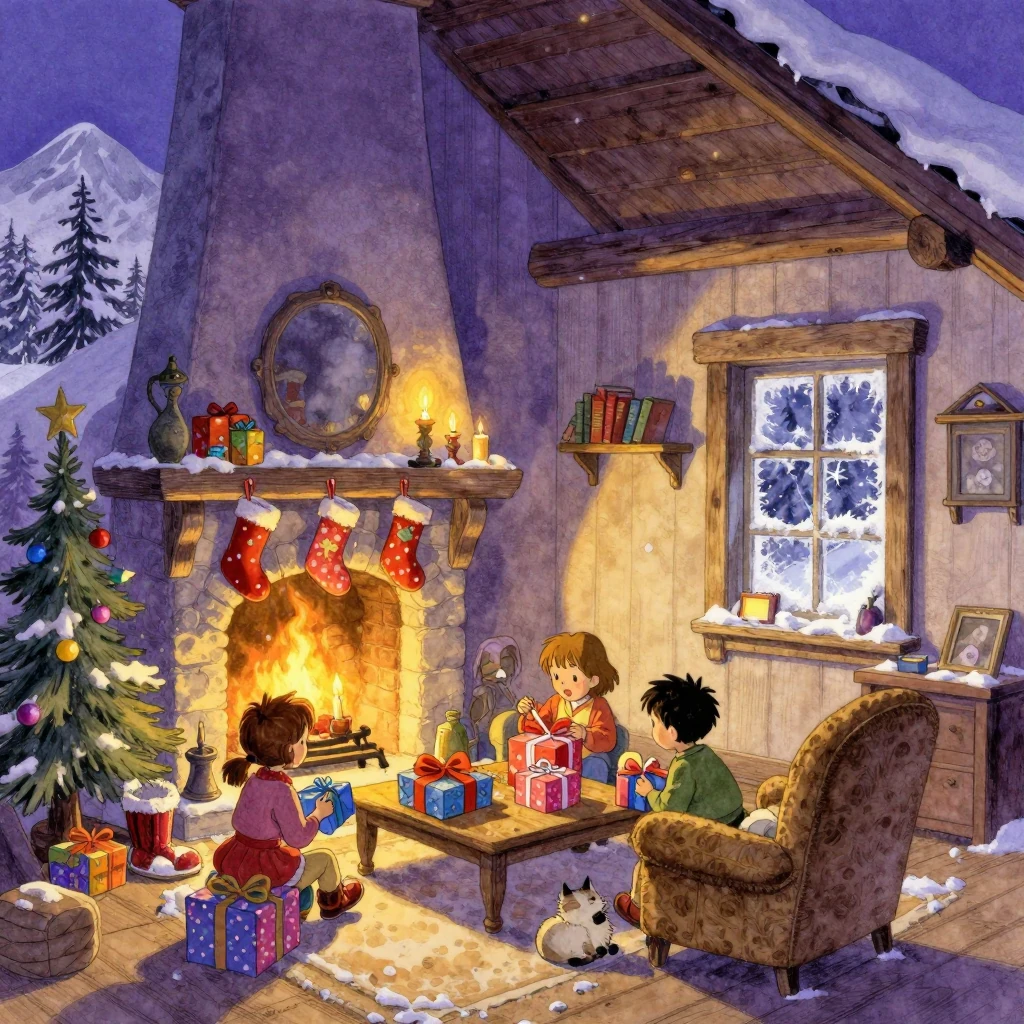 cozy cabin on a snowy mountain evening, three siblings excitedly unwrap colorful presents around a warm fireplace, a fluffy cat curls up nearby, golden candlelight