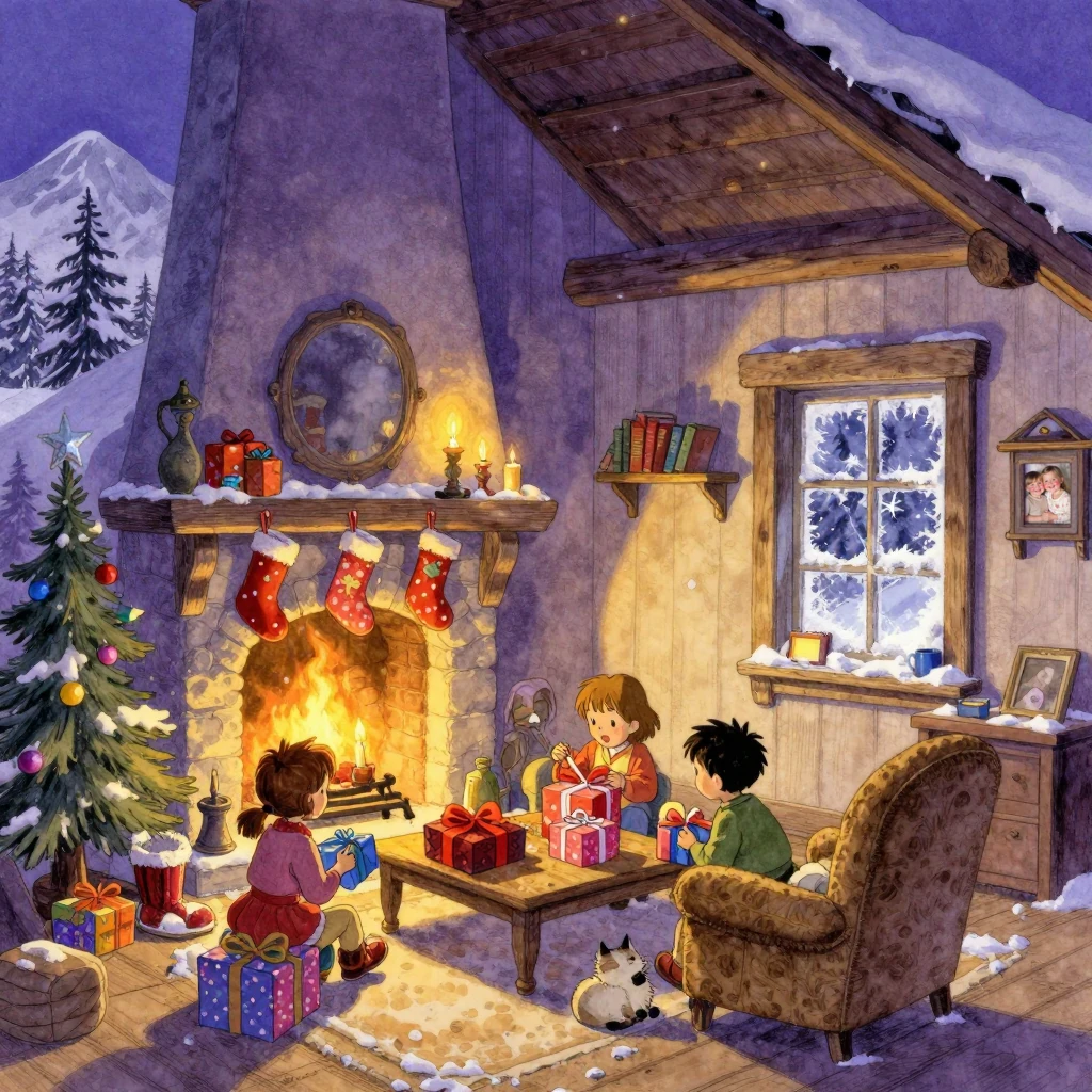 Image B of the puzzle: cozy cabin on a snowy mountain evening, three siblings excitedly unwrap colorful presents around a warm fireplace, a fluffy cat curls up nearby, golden candlelight