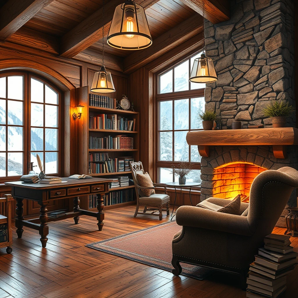 Image A of the puzzle: Cozy mountain cabin library