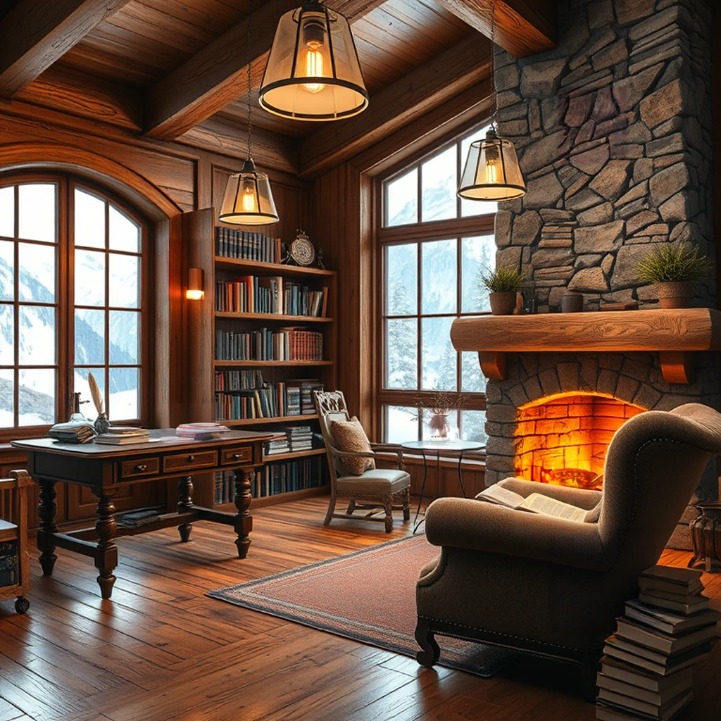 Image B of the puzzle: Cozy mountain cabin library