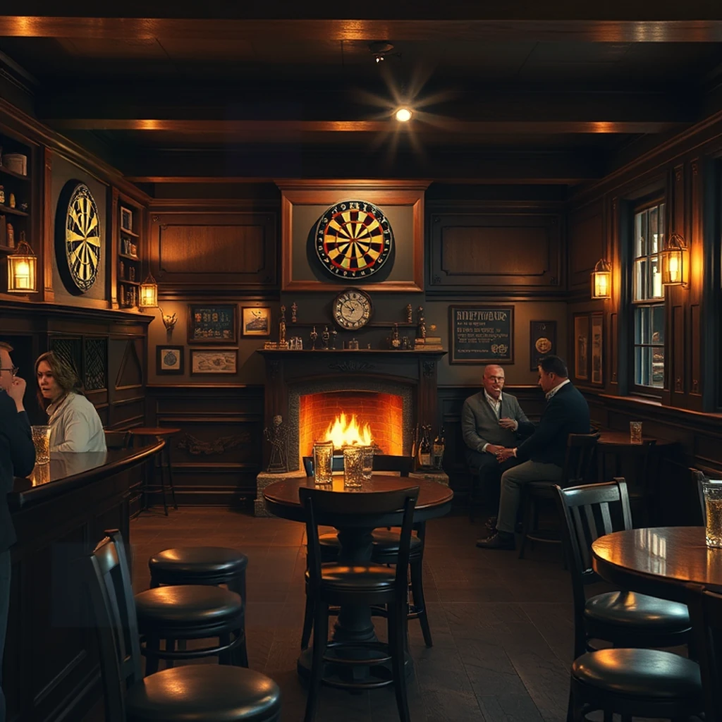 Image A of the puzzle: Cozy traditional British pub interior with roaring fireplace and wooden beams