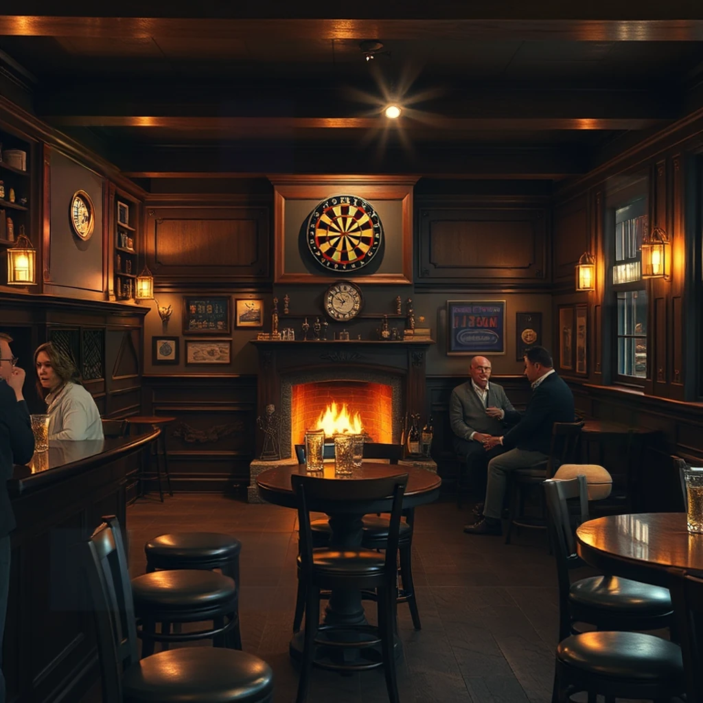 Image B of the puzzle: Cozy traditional British pub interior with roaring fireplace and wooden beams