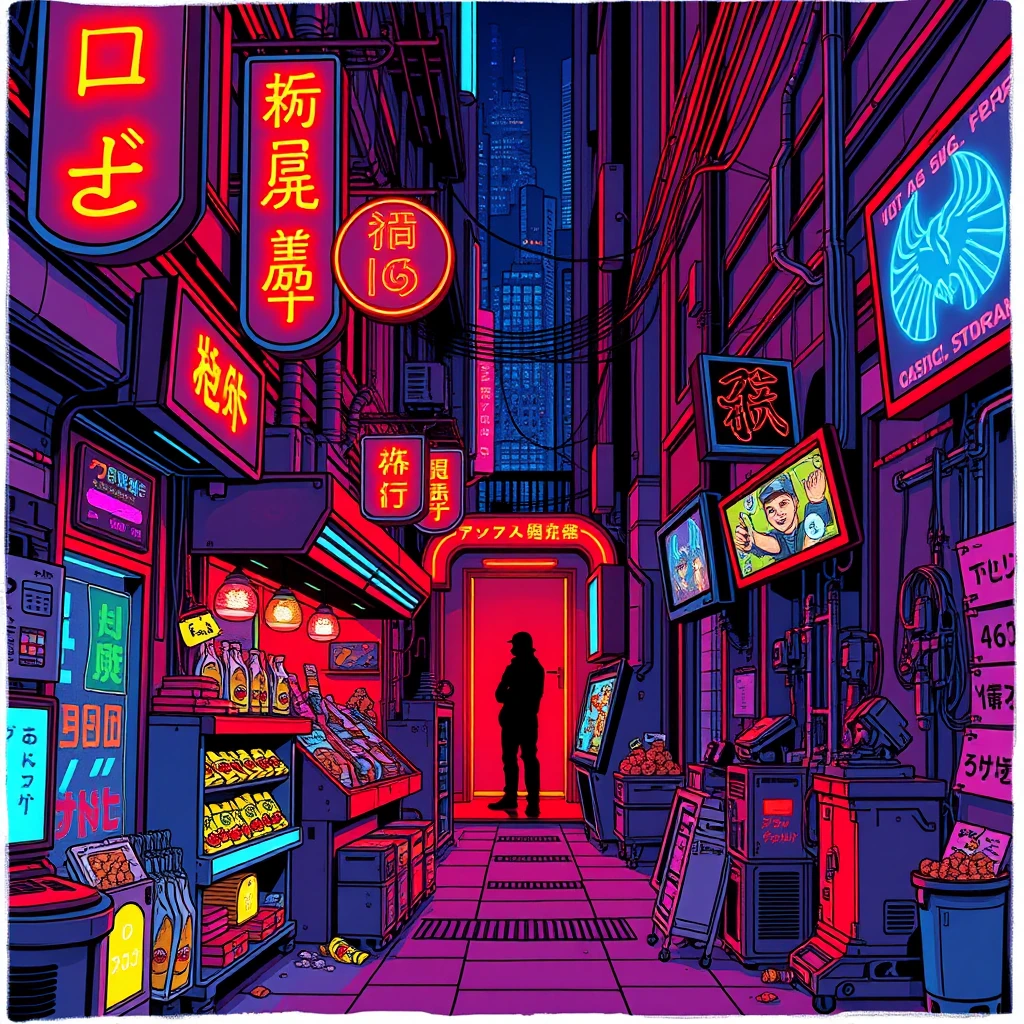 Image A of the puzzle: cyber city alleyway street vendor selling bioluminescent snacks