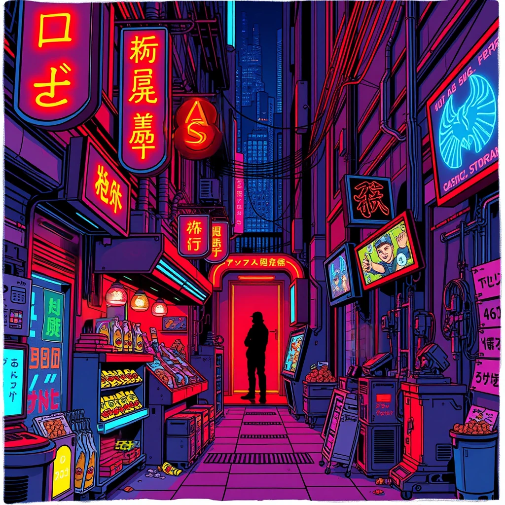 Image B of the puzzle: cyber city alleyway street vendor selling bioluminescent snacks