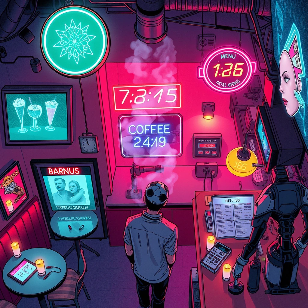 Image A of the puzzle: cyberpunk coffee bar with neon signage, holographic drinks, and digital art displays