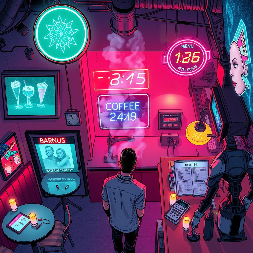 Image B of the puzzle: cyberpunk coffee bar with neon signage, holographic drinks, and digital art displays