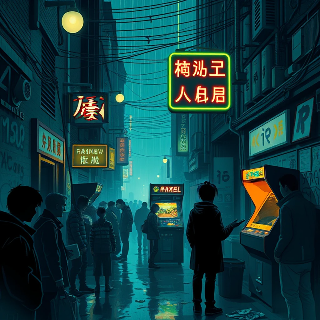 Image B of the puzzle: cyberpunk neon alleyway arcade cabinet with rainbow pixel art