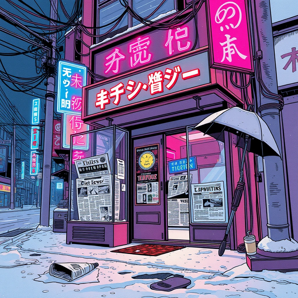 Image A of the puzzle: cyberpunk newsstand in neon-lit street with e-paper newspapers