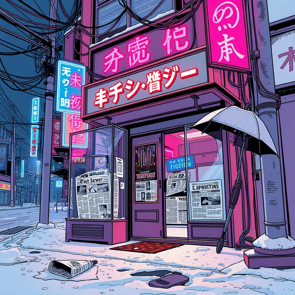 Image B of the puzzle: cyberpunk newsstand in neon-lit street with e-paper newspapers