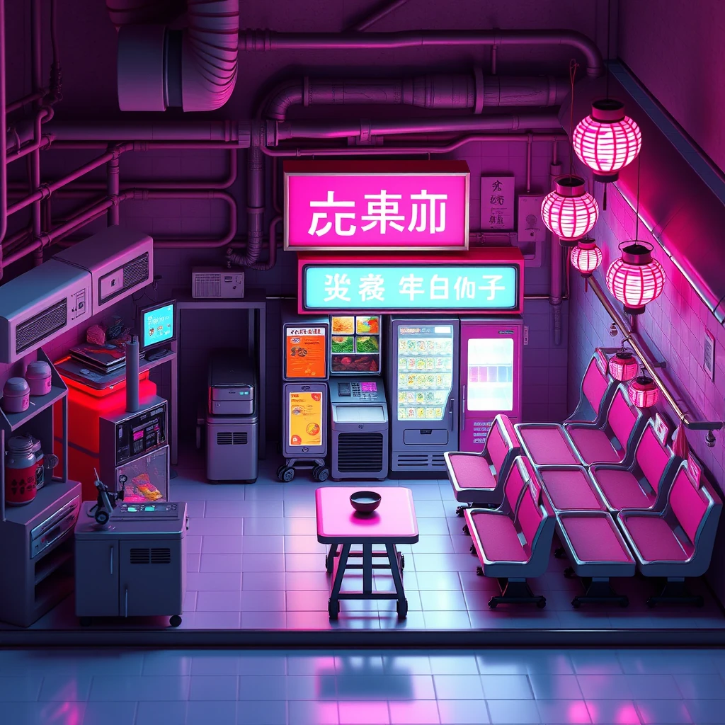 Image A of the puzzle: cyberpunk noodle stall on neon-lit street with Hangeul signs and glowing decor