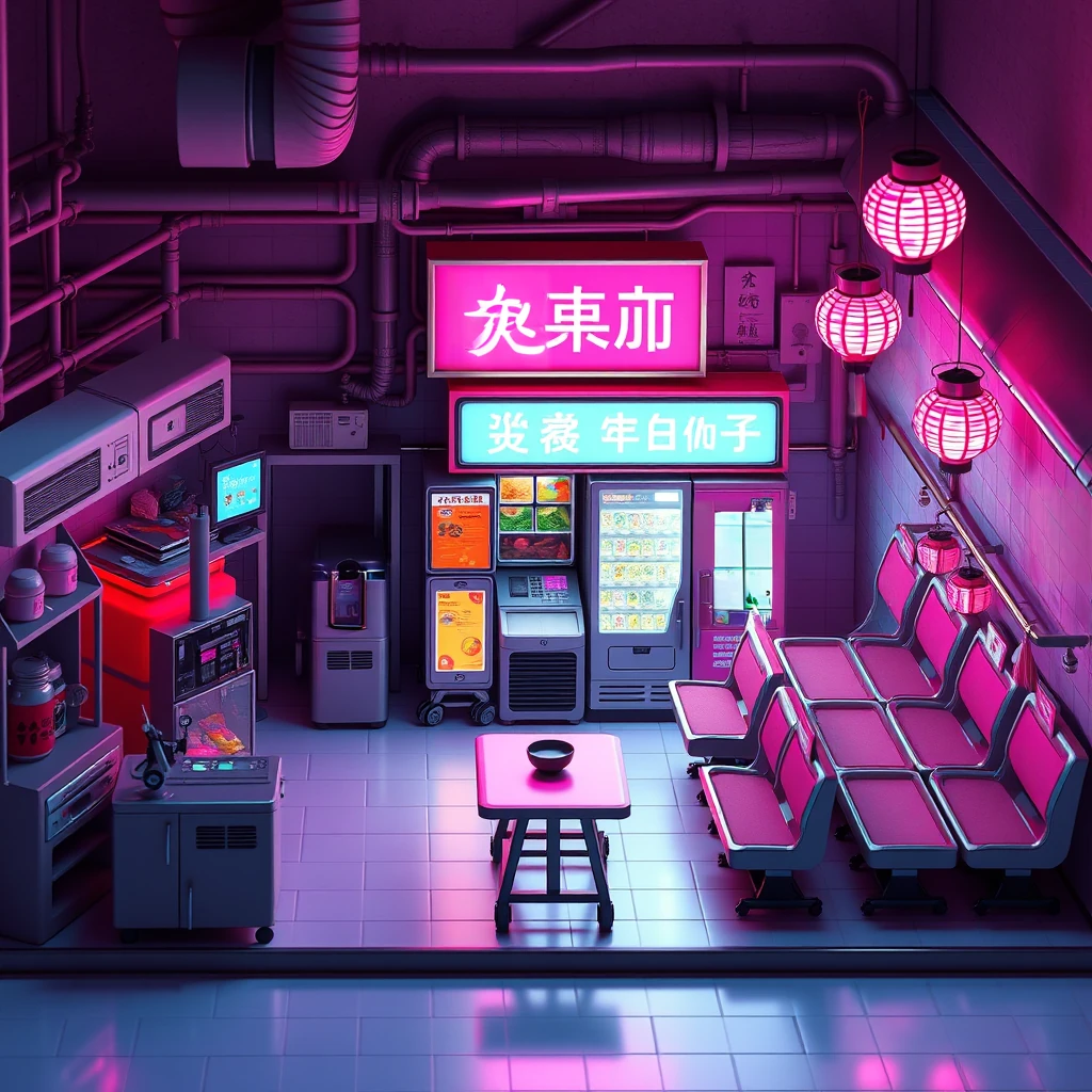 Image B of the puzzle: cyberpunk noodle stall on neon-lit street with Hangeul signs and glowing decor