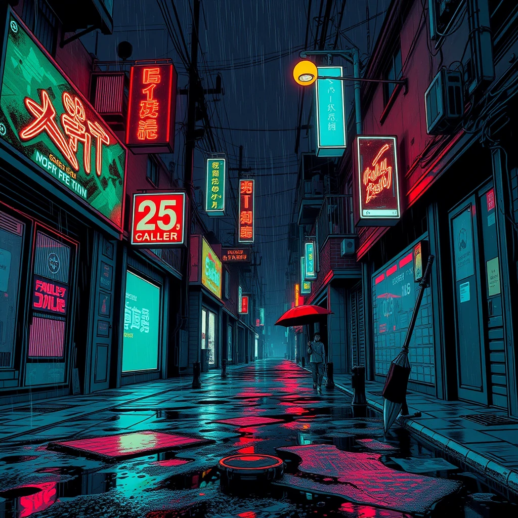 Image A of the puzzle: Cyberpunk rain-soaked neon alleyway with holographic ads