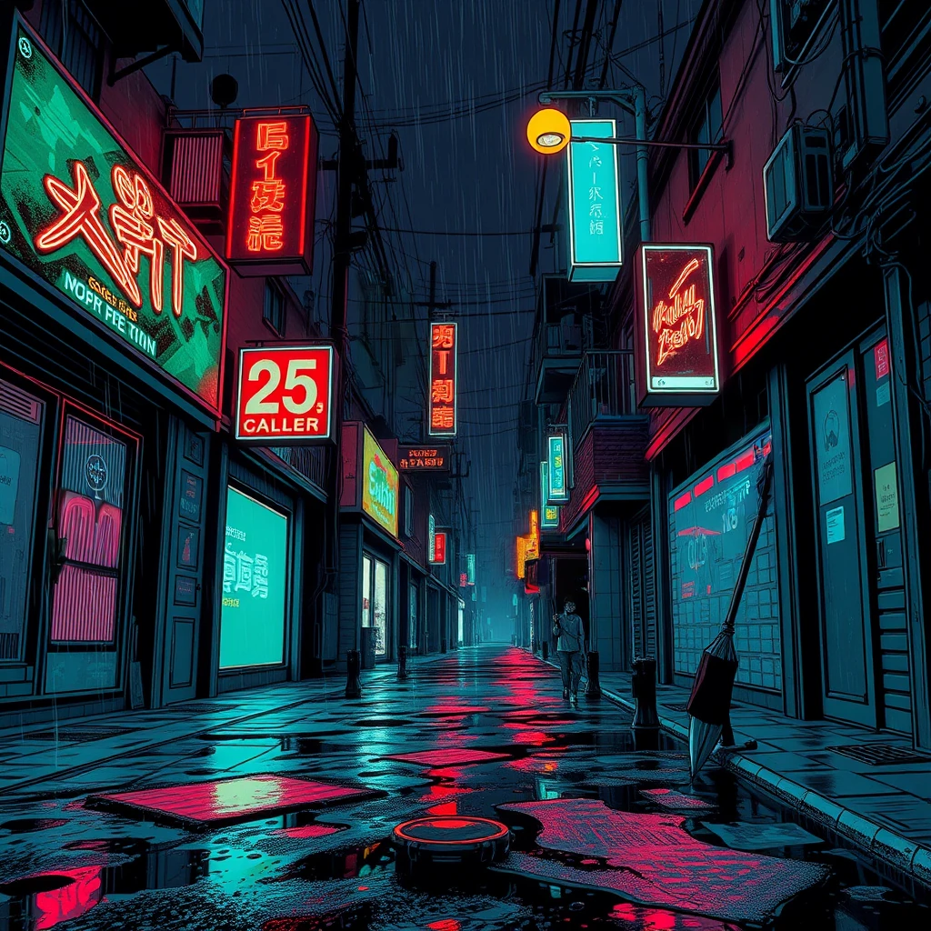 Image B of the puzzle: Cyberpunk rain-soaked neon alleyway with holographic ads