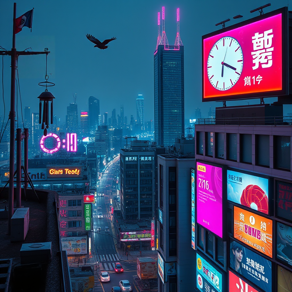 Image A of the puzzle: Cyberpunk Seoul rooftop at night with holographic billboards and neon signs