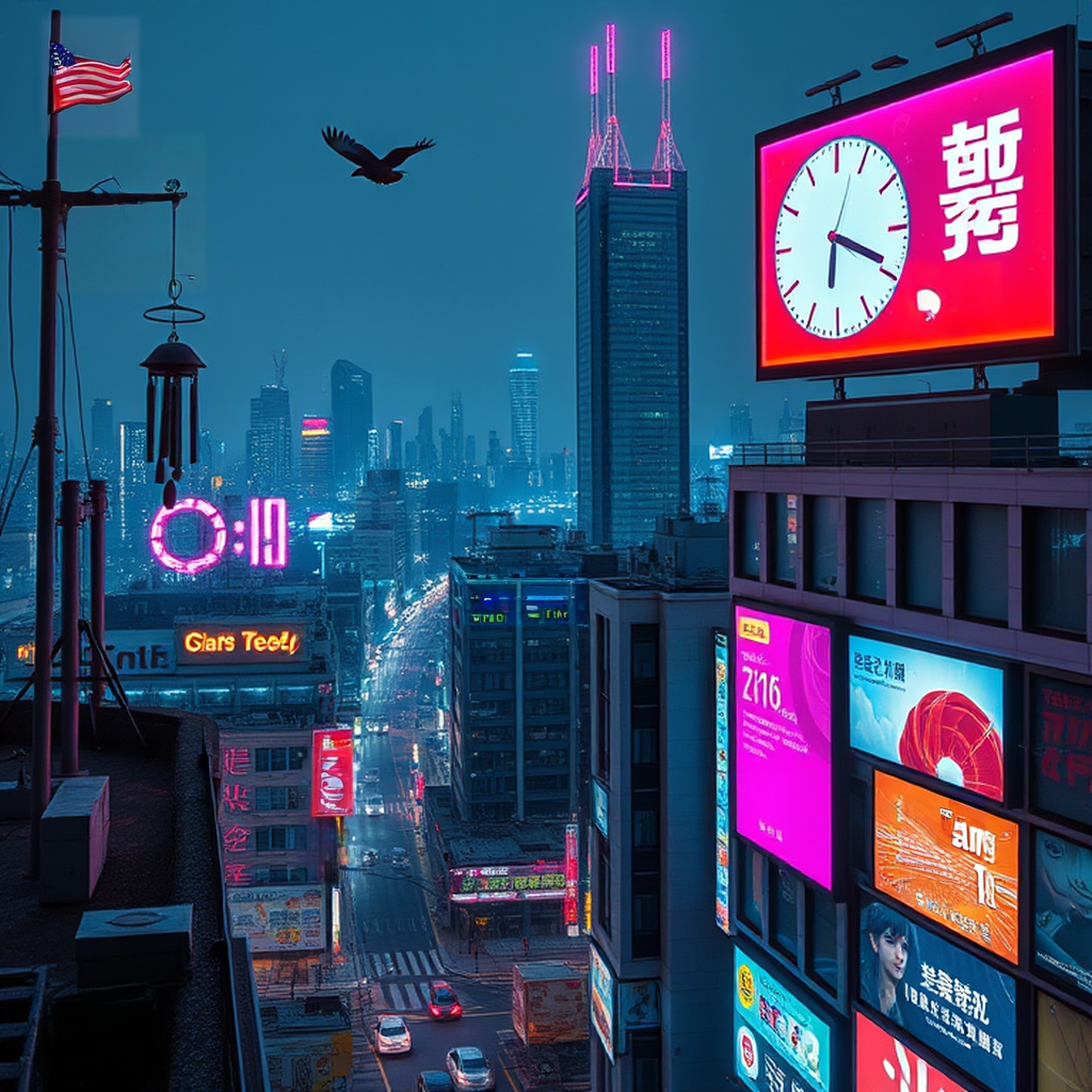 Image B of the puzzle: Cyberpunk Seoul rooftop at night with holographic billboards and neon signs