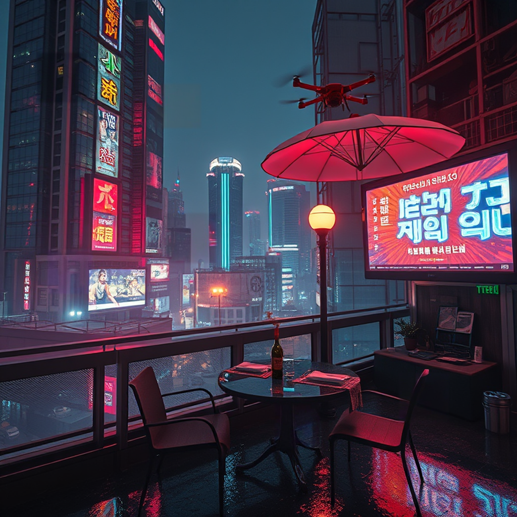 Image A of the puzzle: Cyberpunk Seoul rooftop at night with holographic billboards and neon signs