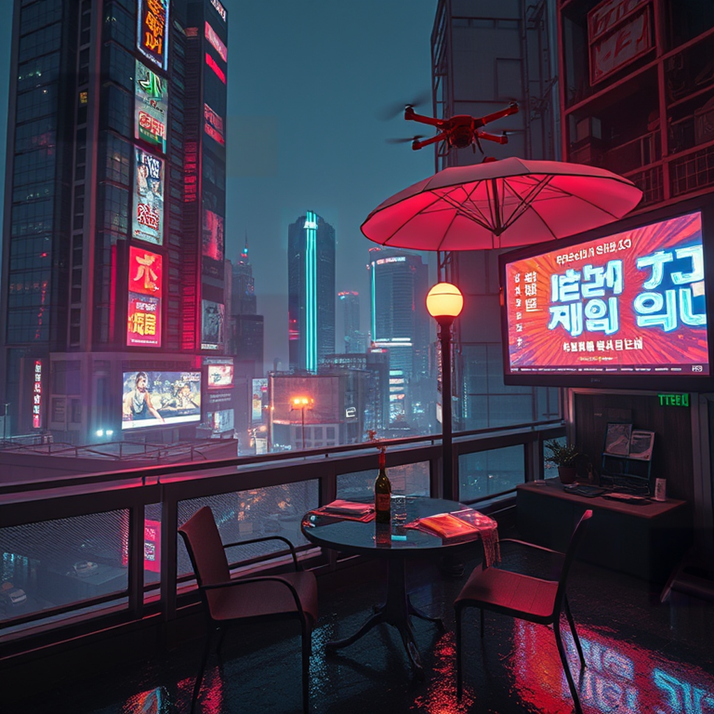 Image B of the puzzle: Cyberpunk Seoul rooftop at night with holographic billboards and neon signs