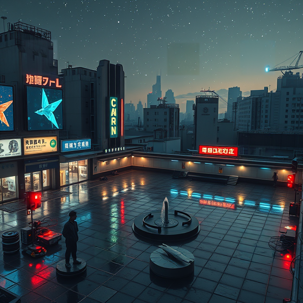 Image A of the puzzle: Cyberpunk Seoul rooftop at night with holographic billboards and neon signs