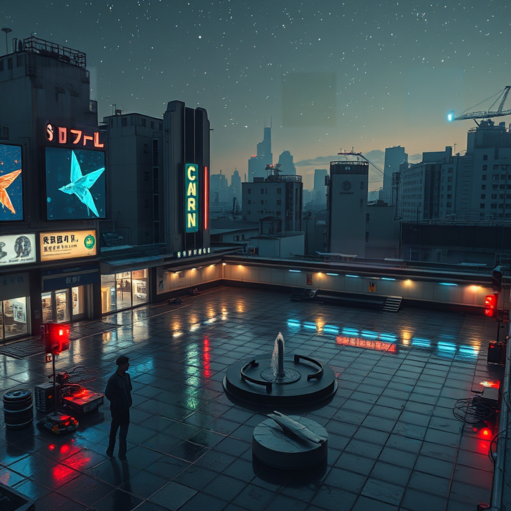 Image B of the puzzle: Cyberpunk Seoul rooftop at night with holographic billboards and neon signs