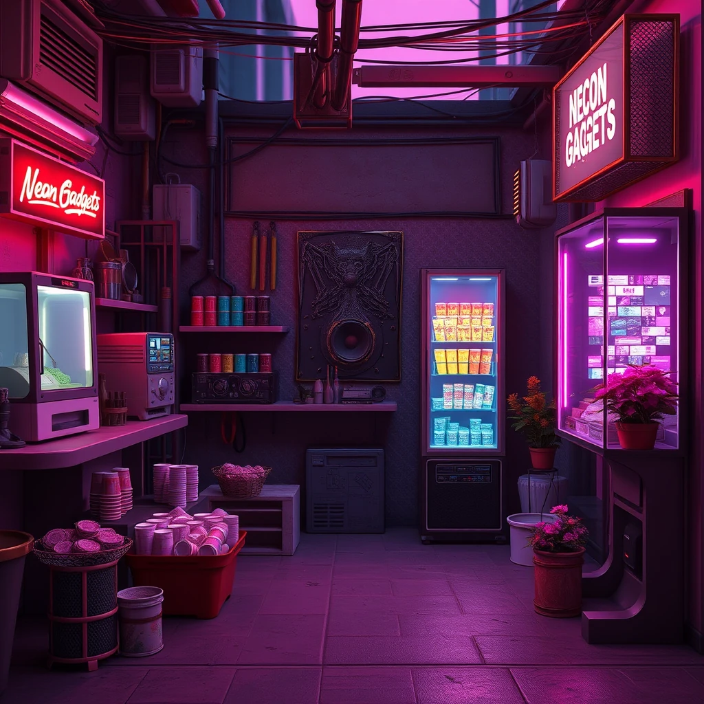 Image A of the puzzle: cyberpunk street market stall selling neon gadgets and holographic snacks