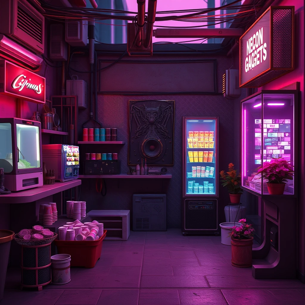 Image B of the puzzle: cyberpunk street market stall selling neon gadgets and holographic snacks