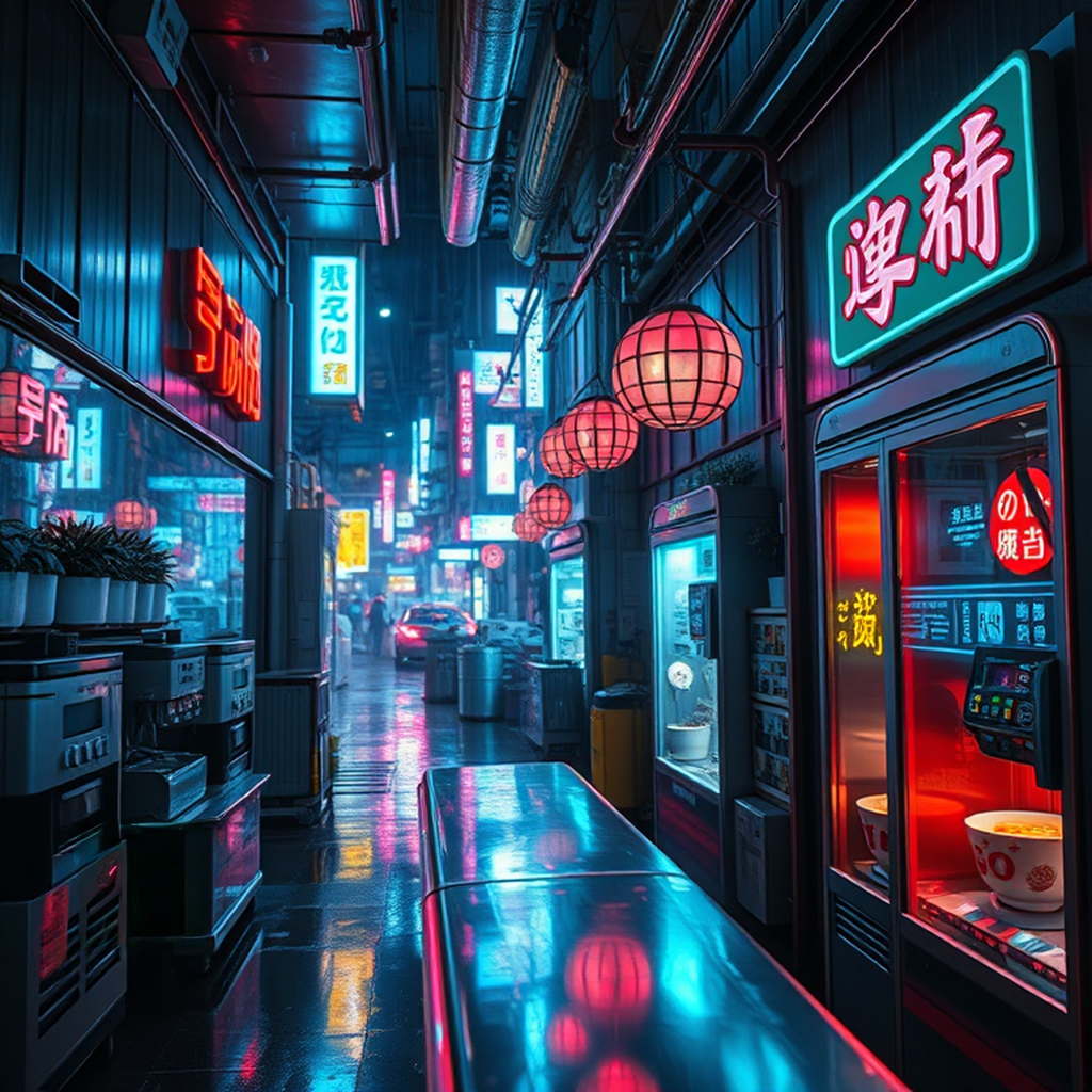 Image A of the puzzle: Cyberpunk Tokyo noodle shop in a rainy neon alley at night