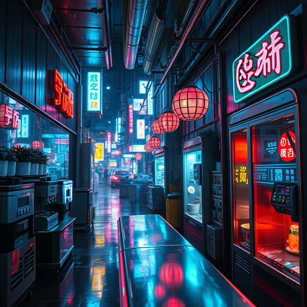 Image B of the puzzle: Cyberpunk Tokyo noodle shop in a rainy neon alley at night