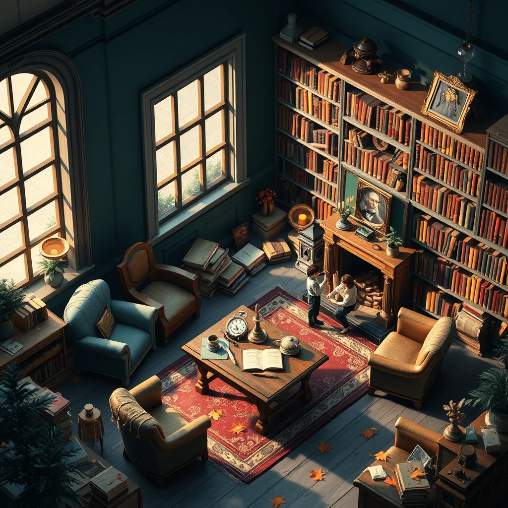 Image A of the puzzle: dark academia library nook filled with books, candles, and antique furniture