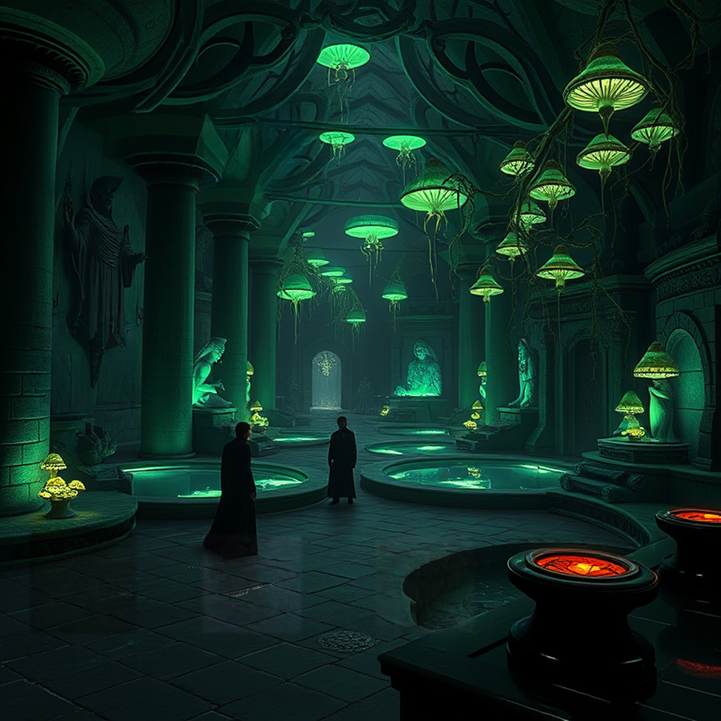 Image A of the puzzle: Dark elf underground city with bioluminescent fungi and obsidian architecture