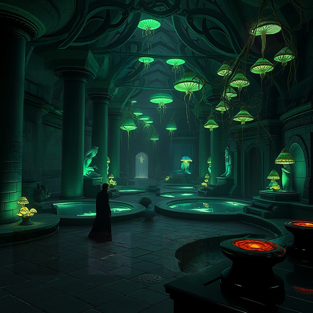 Image B of the puzzle: Dark elf underground city with bioluminescent fungi and obsidian architecture