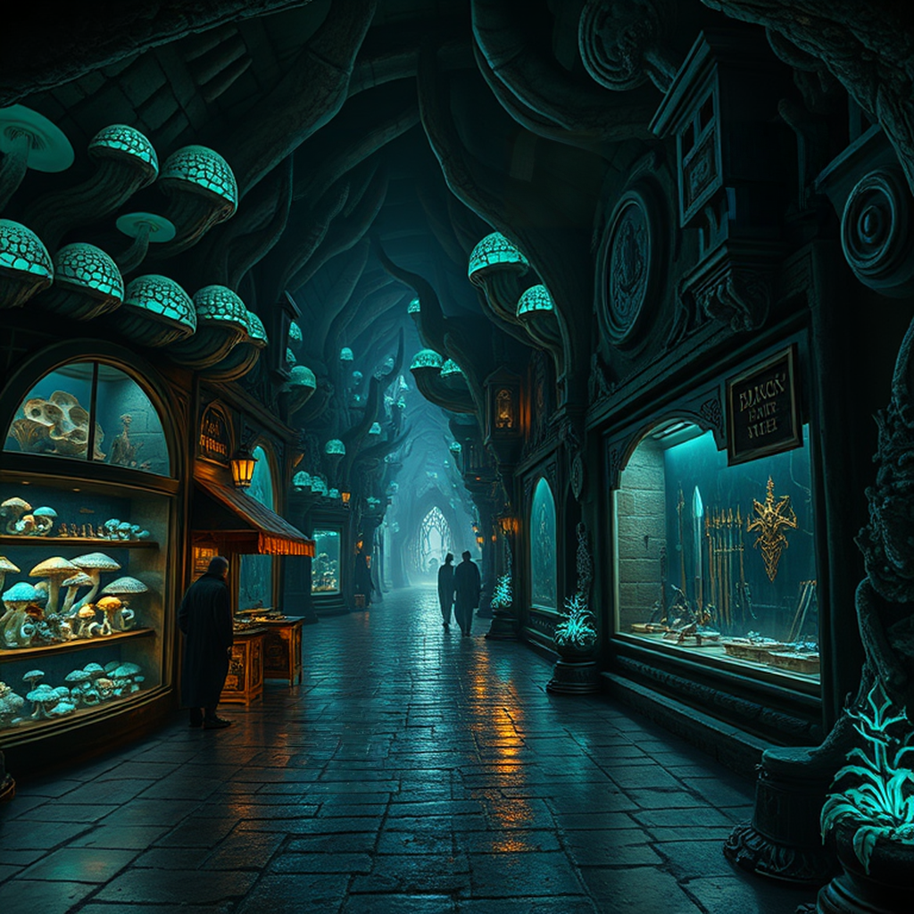 Image A of the puzzle: Dark elf underground city with bioluminescent fungi and obsidian architecture