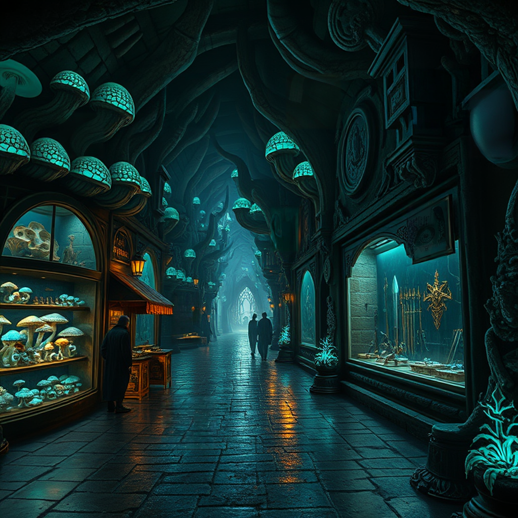 Image B of the puzzle: Dark elf underground city with bioluminescent fungi and obsidian architecture