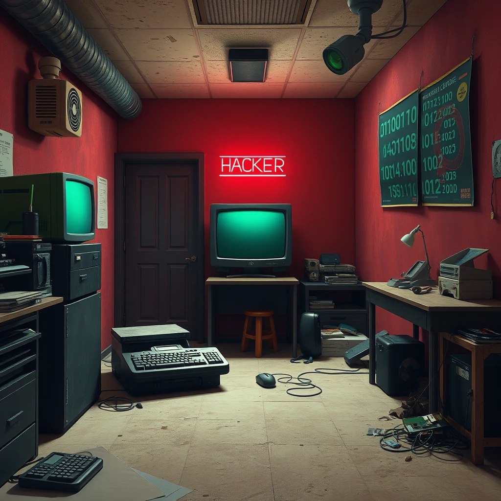 Image A of the puzzle: deserted cyberpunk hacker bunker at night with green CRT monitors and stacked motherboards on desk