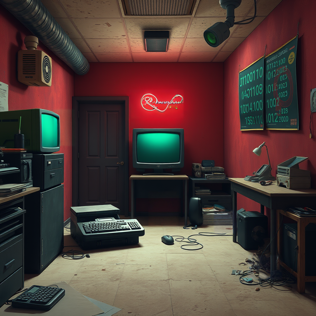 Image B of the puzzle: deserted cyberpunk hacker bunker at night with green CRT monitors and stacked motherboards on desk