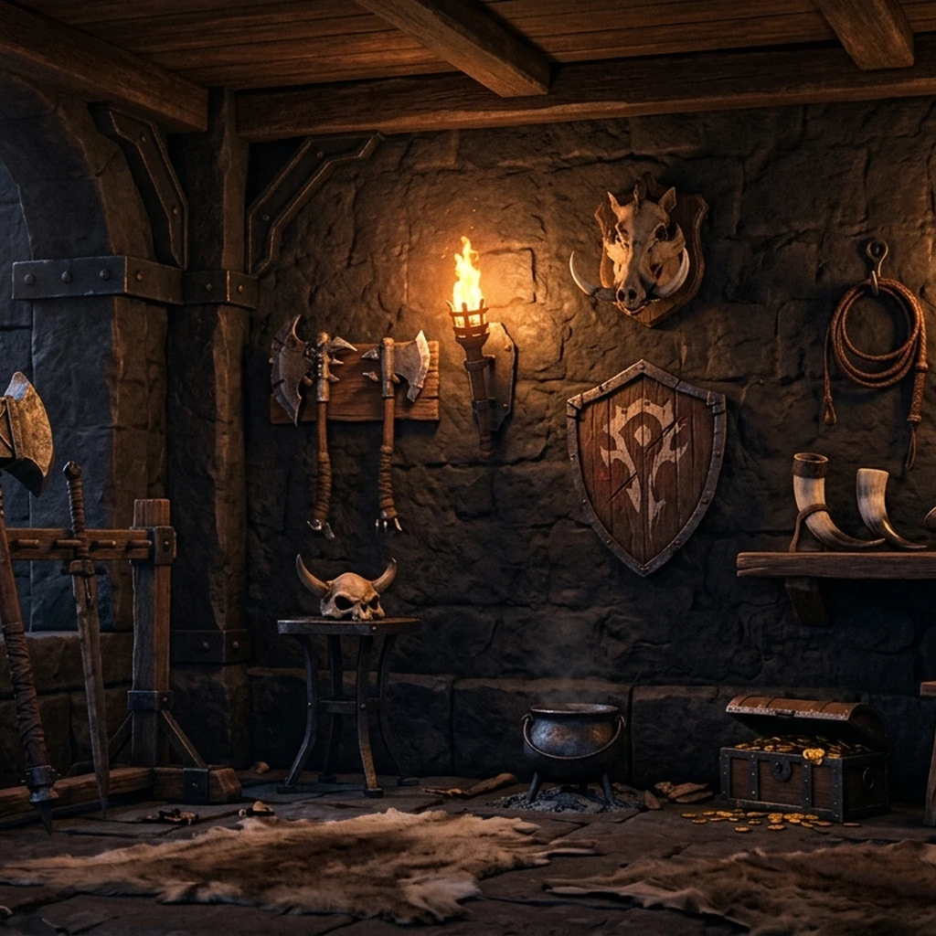 Image A of the puzzle: deserted orcish warchief trophy quarters with mounted axes shield and bone helmet