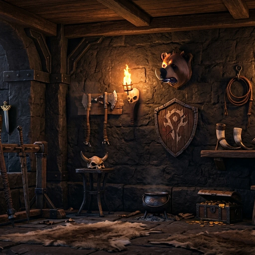 Image B of the puzzle: deserted orcish warchief trophy quarters with mounted axes shield and bone helmet