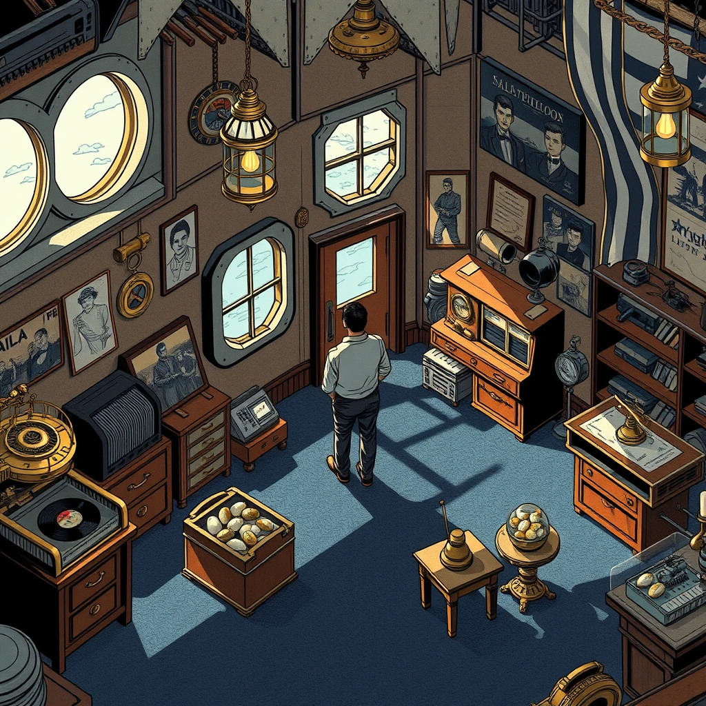 Image A of the puzzle: Dieselpunk submarine officer's quarters with brass instruments