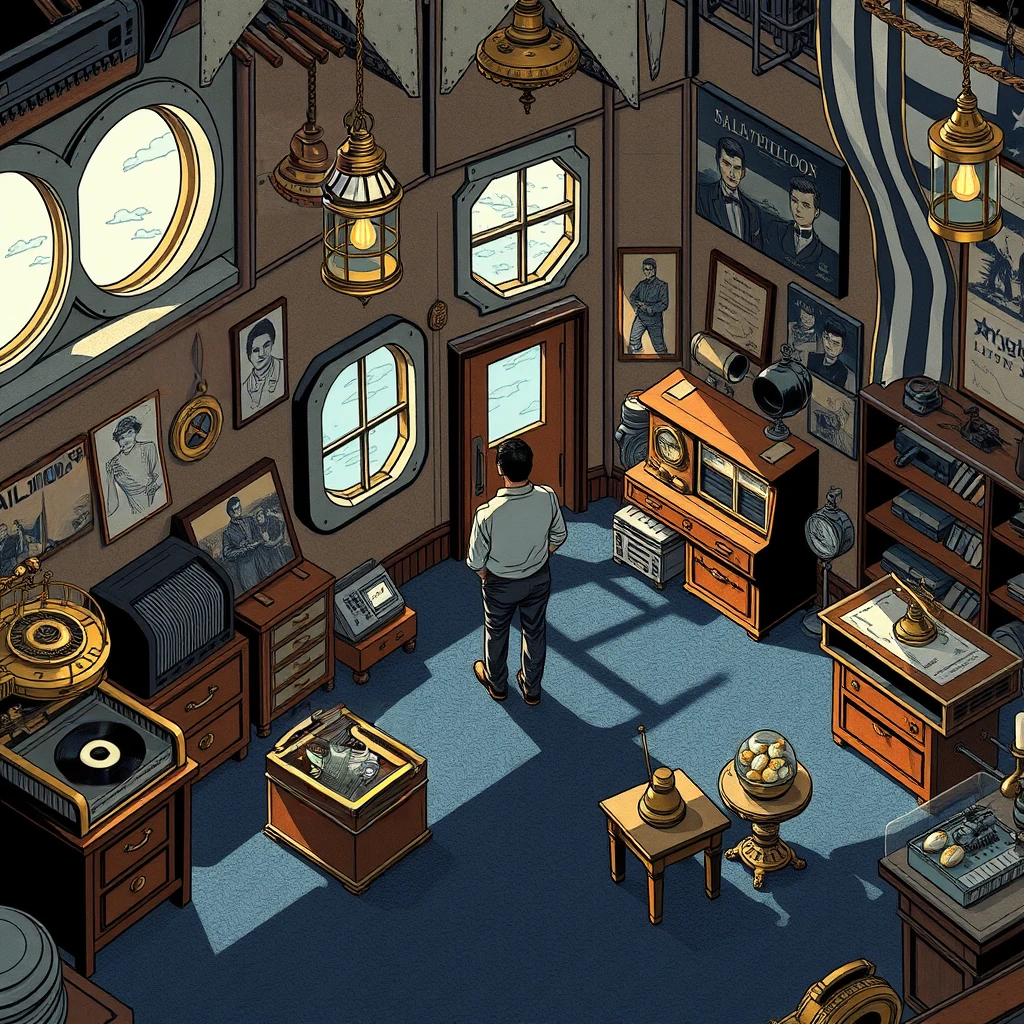 Image B of the puzzle: Dieselpunk submarine officer's quarters with brass instruments