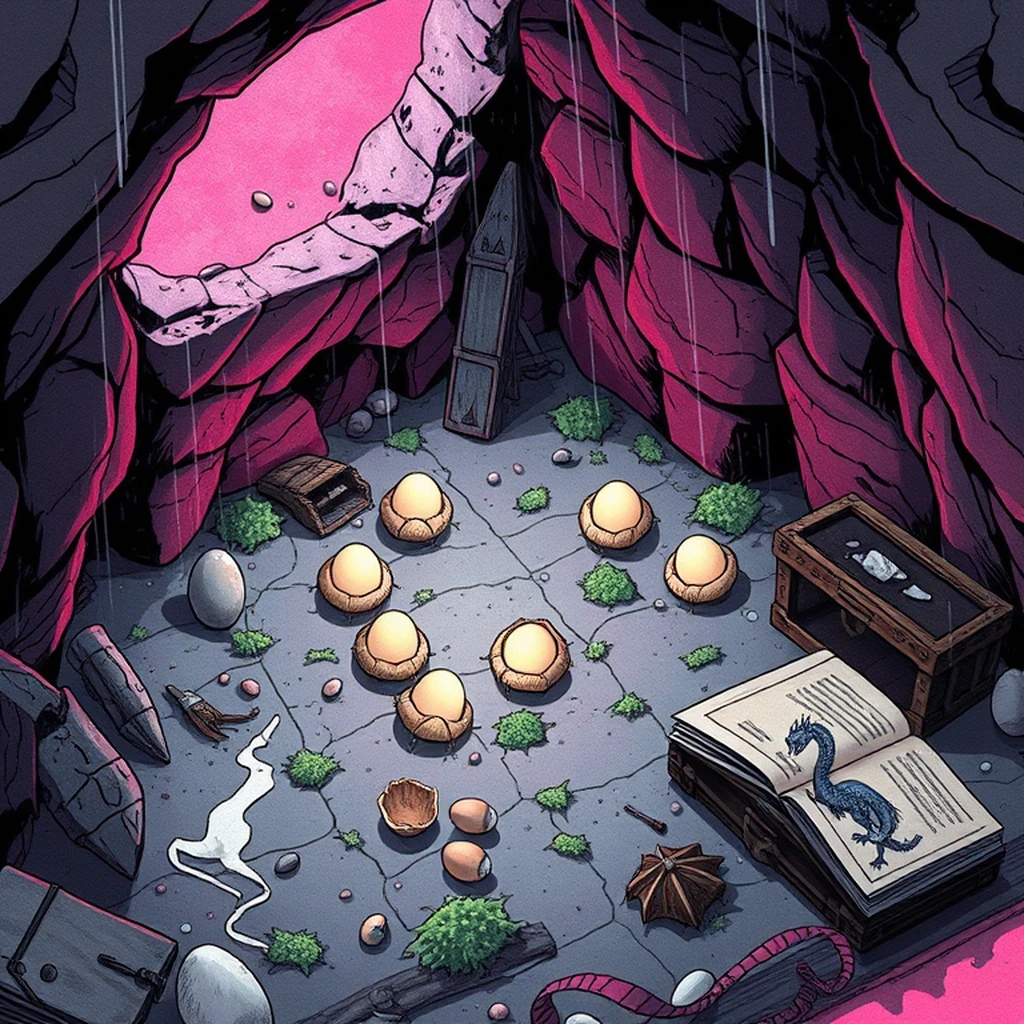 Image A of the puzzle: dragon egg nursery cave full of glowing eggs and hatching dragonets